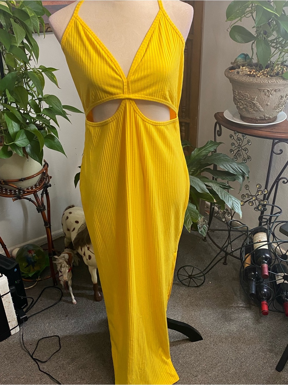 Venus Yellow Halter Cutout Ribbed Maxi Dress